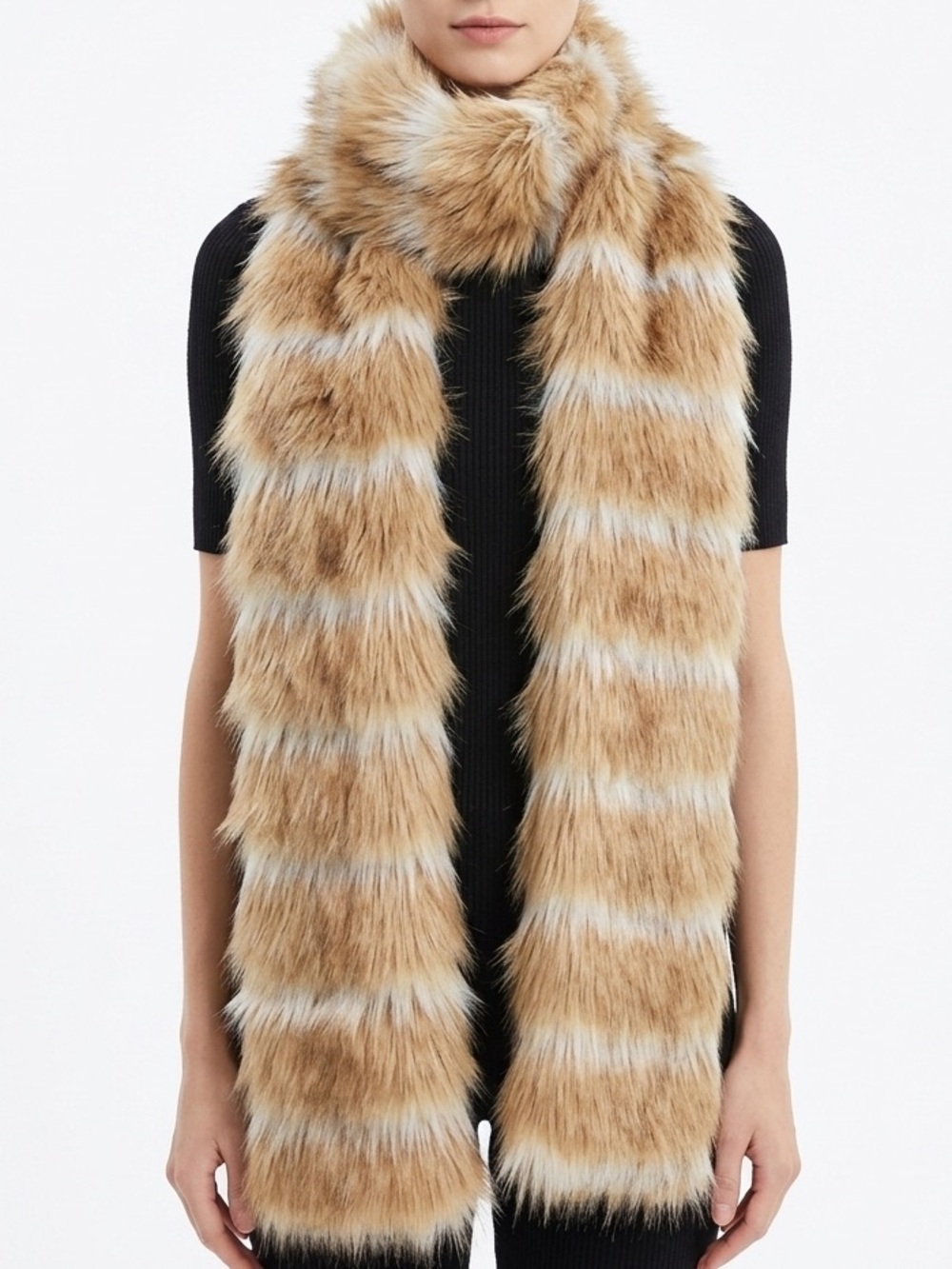 Handmade Tan And White Stripe Long Plush Fluffy Vibrant Scarves Faux Fur Scarf